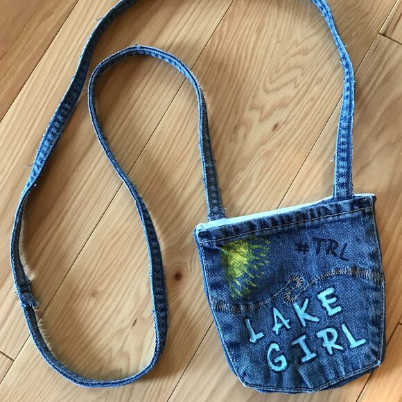 Handmade Crossbody Bag: Recycled Denim Cell Phone Holder, Table Rock Lake Pouch - Picture 3 of 11